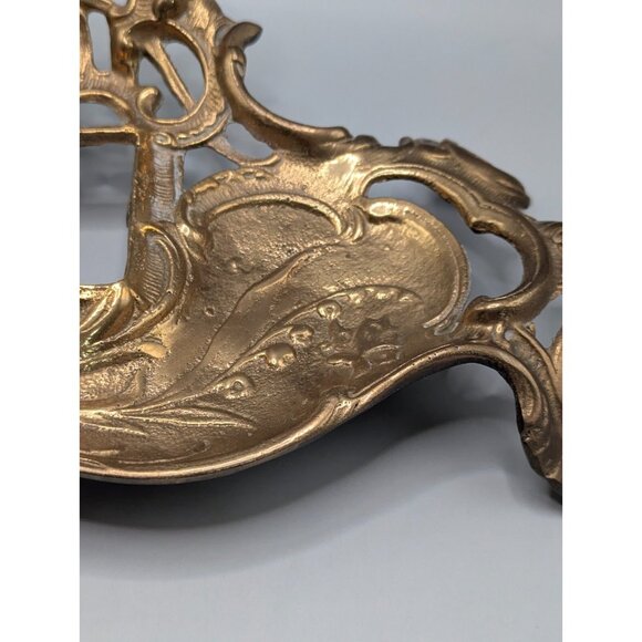 Vintage Brass Ornate Floral Inkwell with Glass Bottle & Lid - Picture 4 of 13